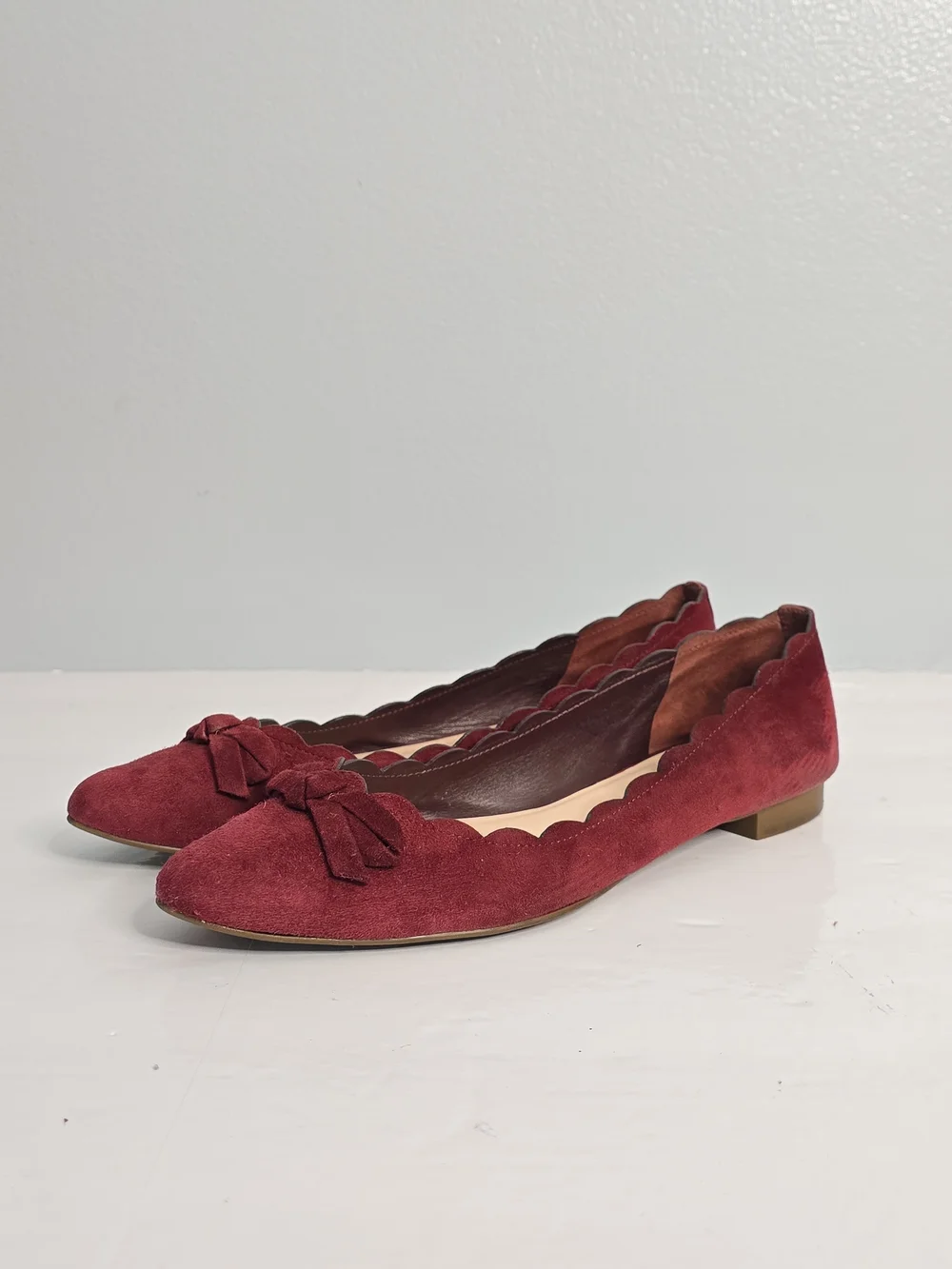 Kate Spade Eleni Flex Red Chestnut Suede Scalloped Bow Flats